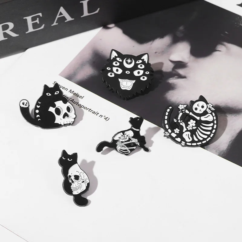 Black Cat Enamel Pin Skull Skeleton Brooch Badge Animal Gothic Flower Jewelry Kids Gift Party Lapel Clothes Backpack Wholesale Qme