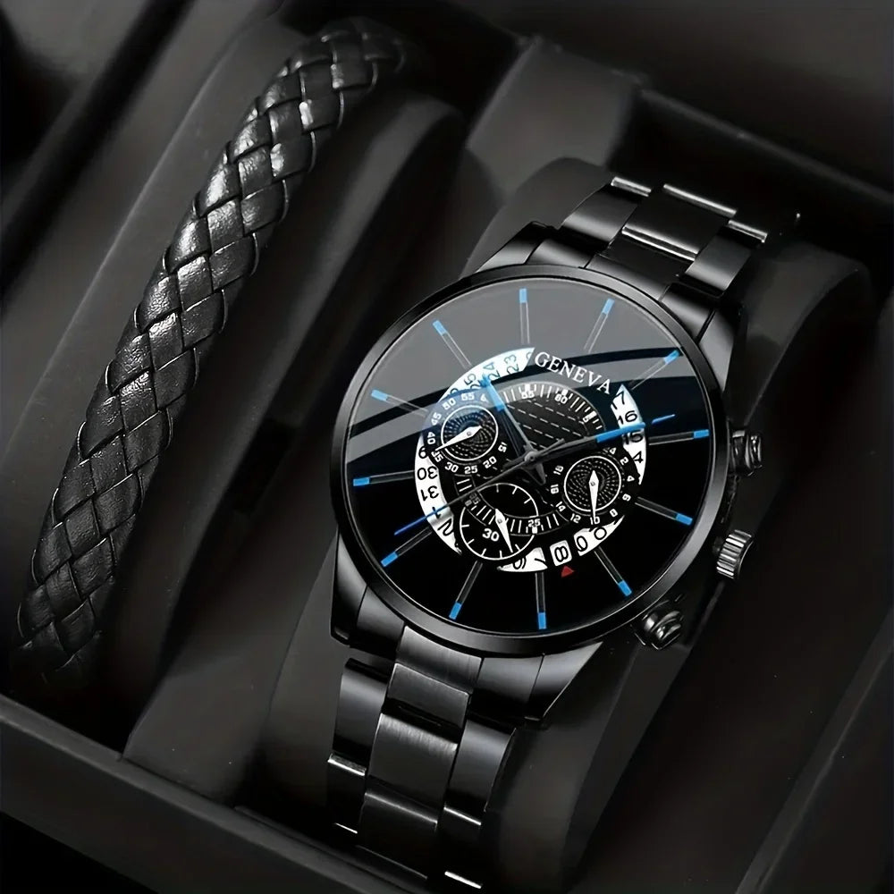 1pc Men's Round Dial Quartz Watch With Stainless Steel Strap & 1pc Bracelet Men's Accessories Qme