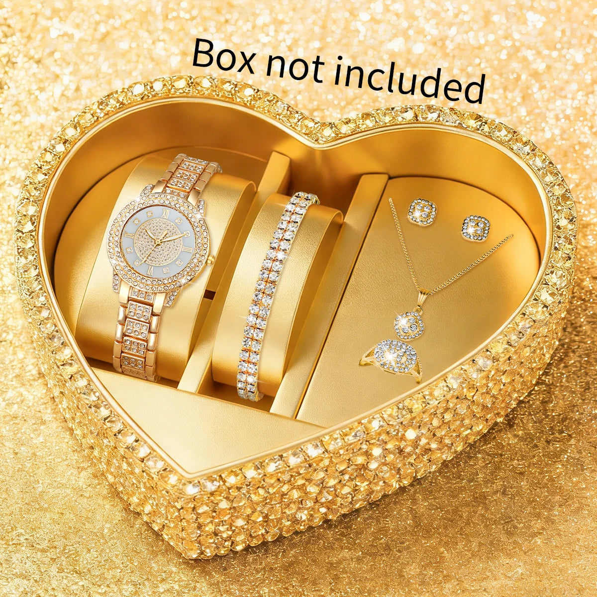 Luxury Rhinestone Watch + Bracelet & Jewelry Set Qme Gold Without Box