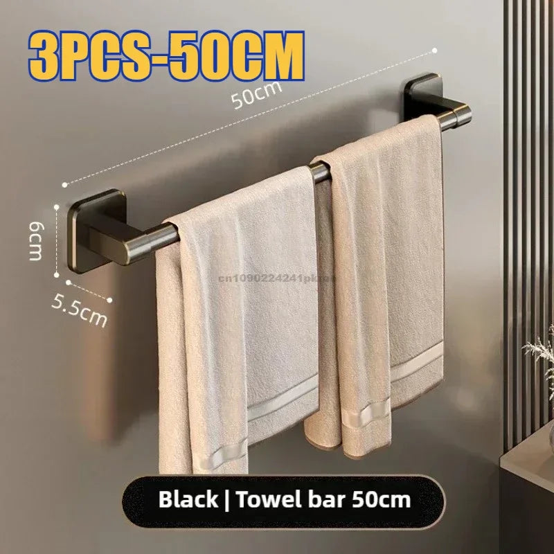 Wall Mounted Towel Rack Bathroom Storage Rack No Drilling Bathroom Horizontal Bar Towel Rack Kitchen Bathroom Accessories Qme 3PCS-Black 50CM