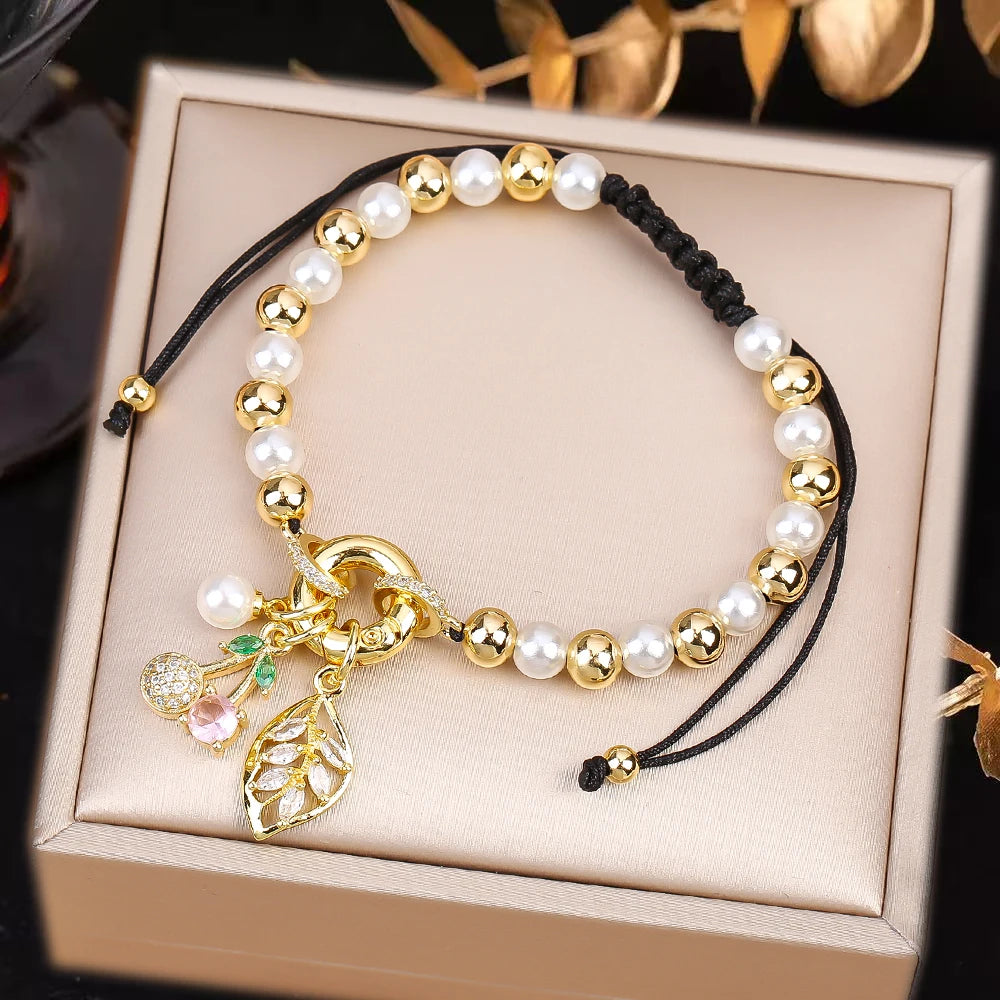 High Quality Pearl Chain Braided Crystal Cherry Adjustable Rope Bracelet Charming For Woman Girl Party Jewelry Gift Daily Wear Qme Q