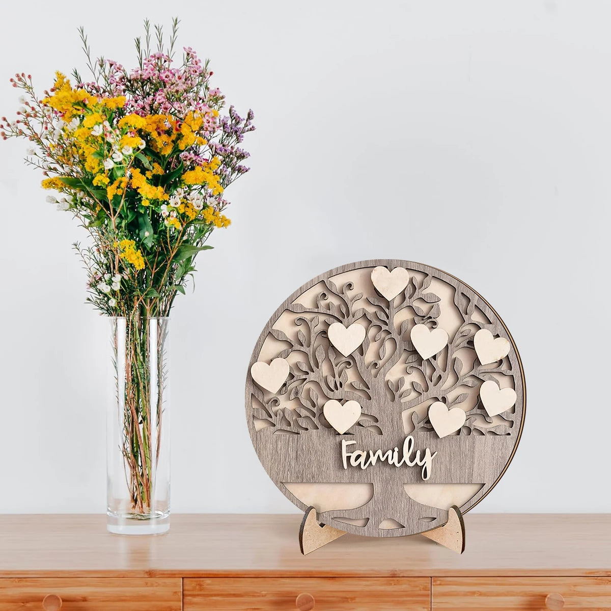 1SET 3D family themed wooden desktop ornament, home hollowed out tree of life with love embellishment, family commemorative gift Qme
