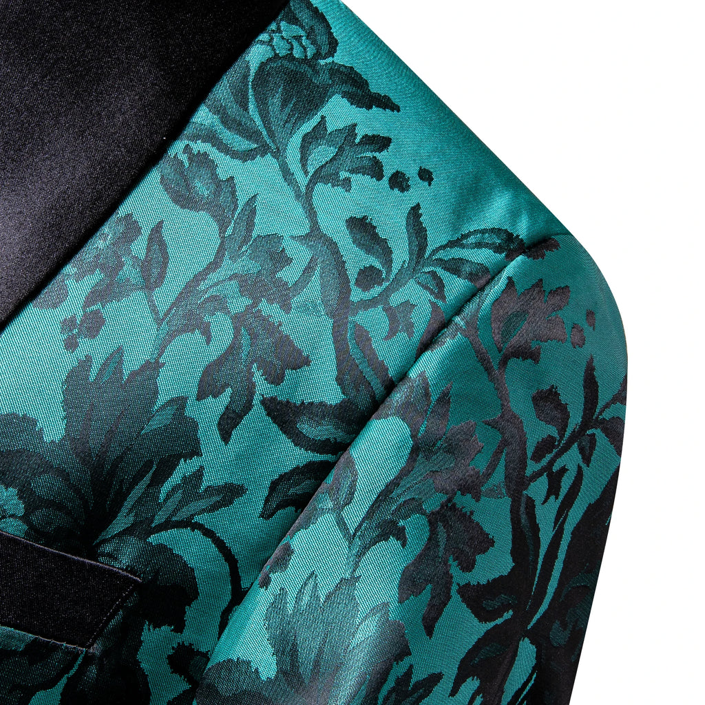 Men's Teal Floral Jacquard Shawl Lapel Blazer Luxury Tuxedo Jacket Formal Suit Coat for Wedding Prom Party Nightclub Outerwear Qme