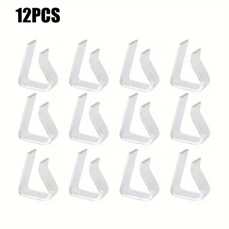 12pcs, Tablecloth Fixtures, Clear Plastic Tablecloth Clips - Transparent Table Cloth Hold Down Clips for Indoor and Outdoor Even Qme 12pcs