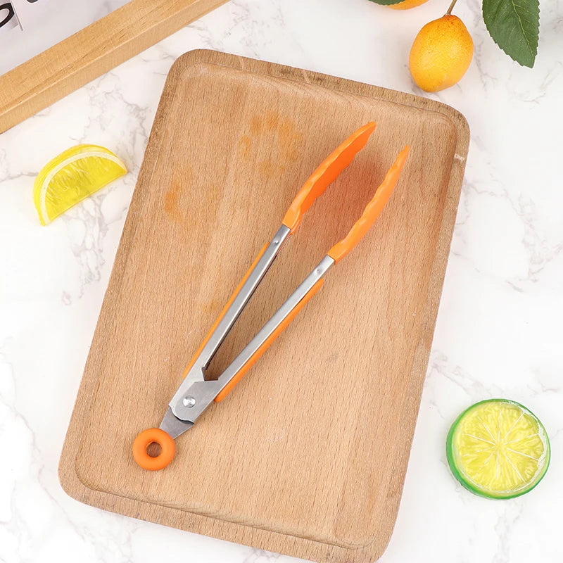 Stainless Steel Food Clip BBQ Grill Steak Non-slip Handle Bread Tong Qme Orange