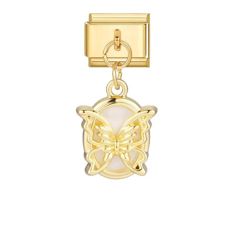Fashion Flowers Rose Zircon Bowknot Butterfly Golden Italian Charm