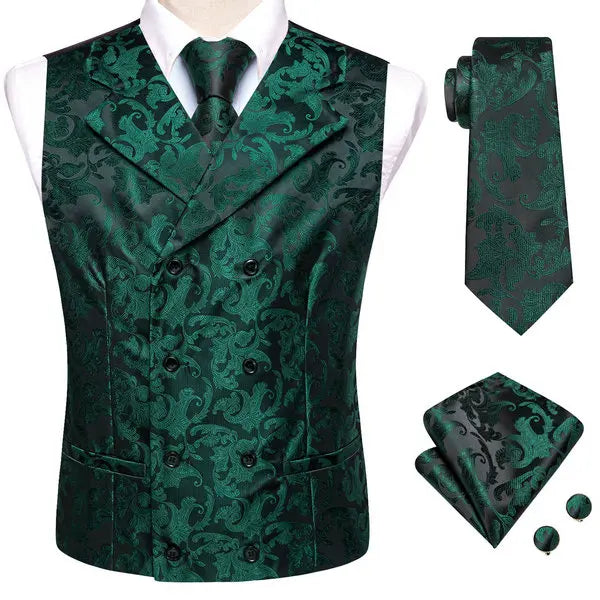 Mens Double Breasted Half Notch Lapel Waistcoat Formal Floral Qme
