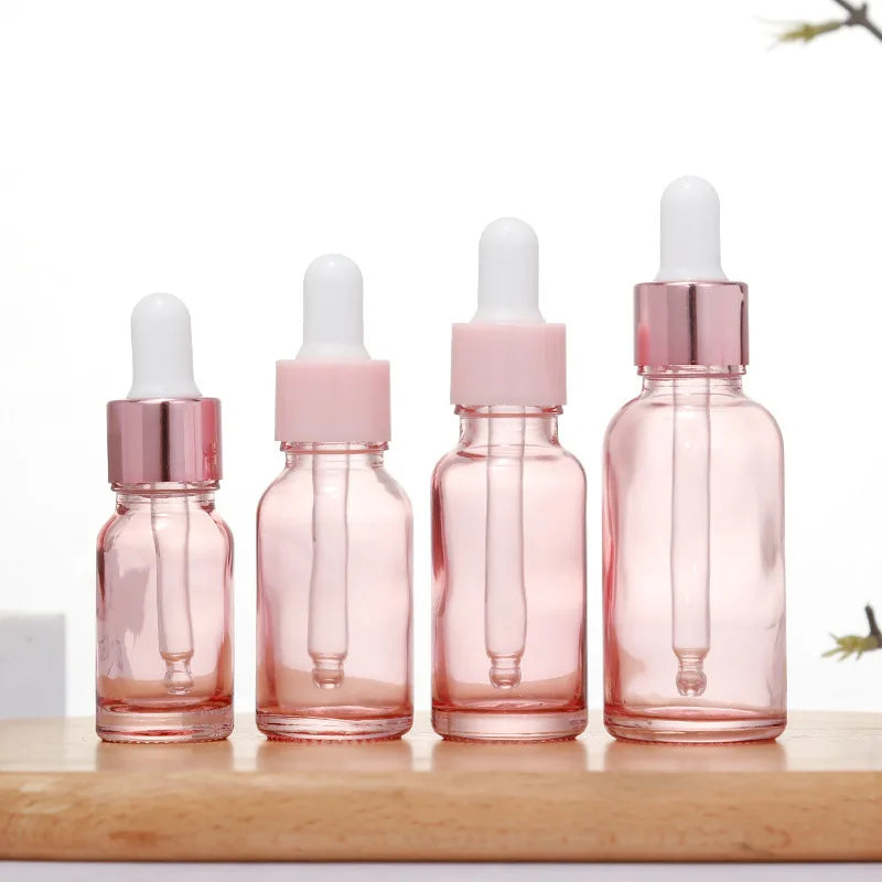 Dropper Bottles Refillable 5- Rose Lid Cosmetic Container Pink Glass Qme