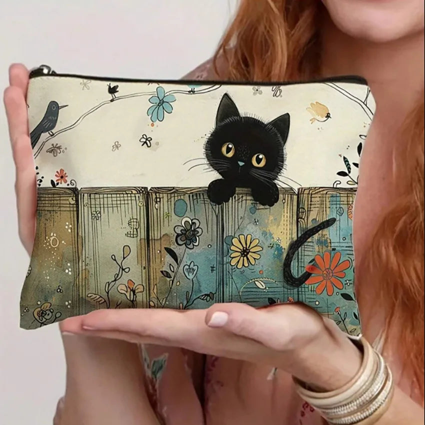 Stylish Black Cat Pattern Cosmetic Bag Water-resistant Polyester Zip Qme A M
