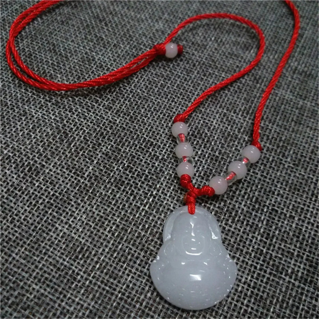 2024 Buddhist White Jade Hand Woven Pendant Necklace Lotus Guanyin Buddha Long Life Lock Pendant Lucky Religious Necklace Qme