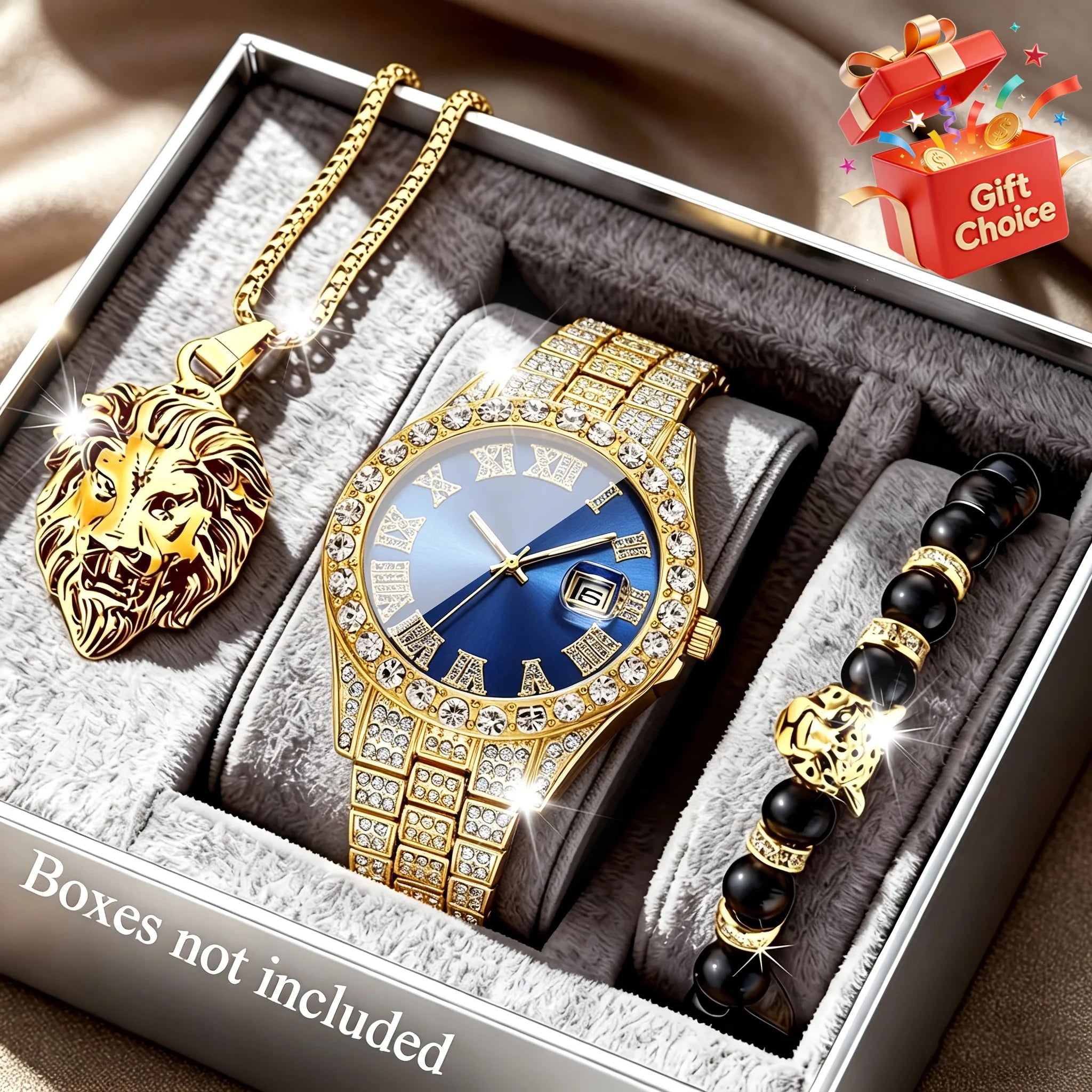 3Pcs/Set Men's Gold Iced Out Jewelry Set, Blue Dial Quartz Watch + Lion Head Pendant Necklace + Beaded Bracelet, Hip Hop Style Qme Blue