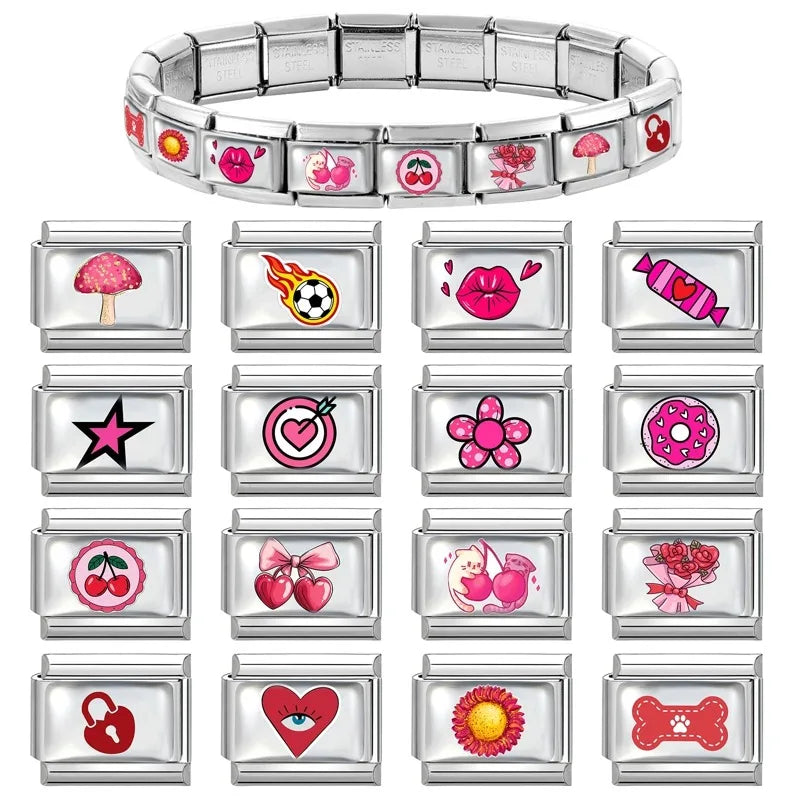 Wholesale Fashion Pink Love Heart Butterfly Planet Dice Cherry Italian Charm Links Fit 9MM Stainless Steel Bracelet DIY Making Qme