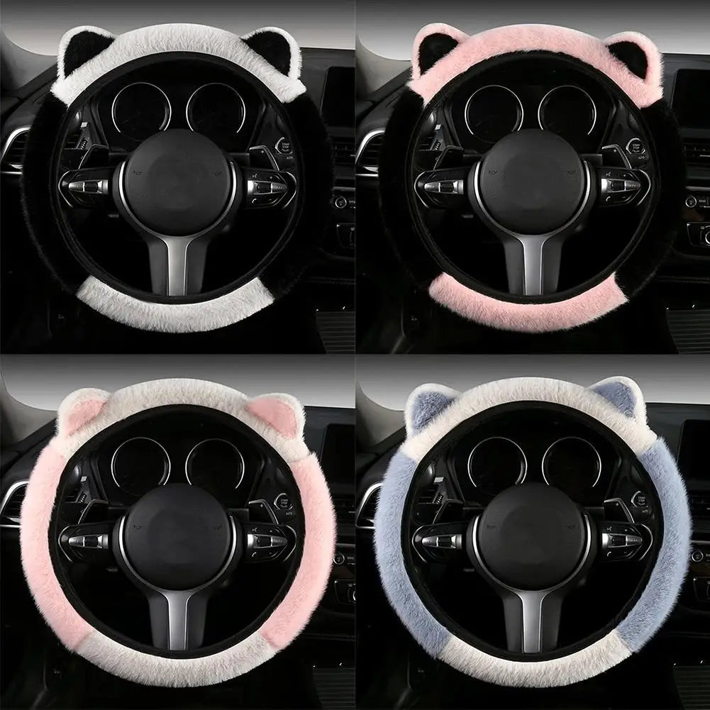 CAR Winter Plush Car Steering Wheel Protective Cover Universal Non-slip Soft Cute Cat Ears Plush Steering Wheel Cover Qme