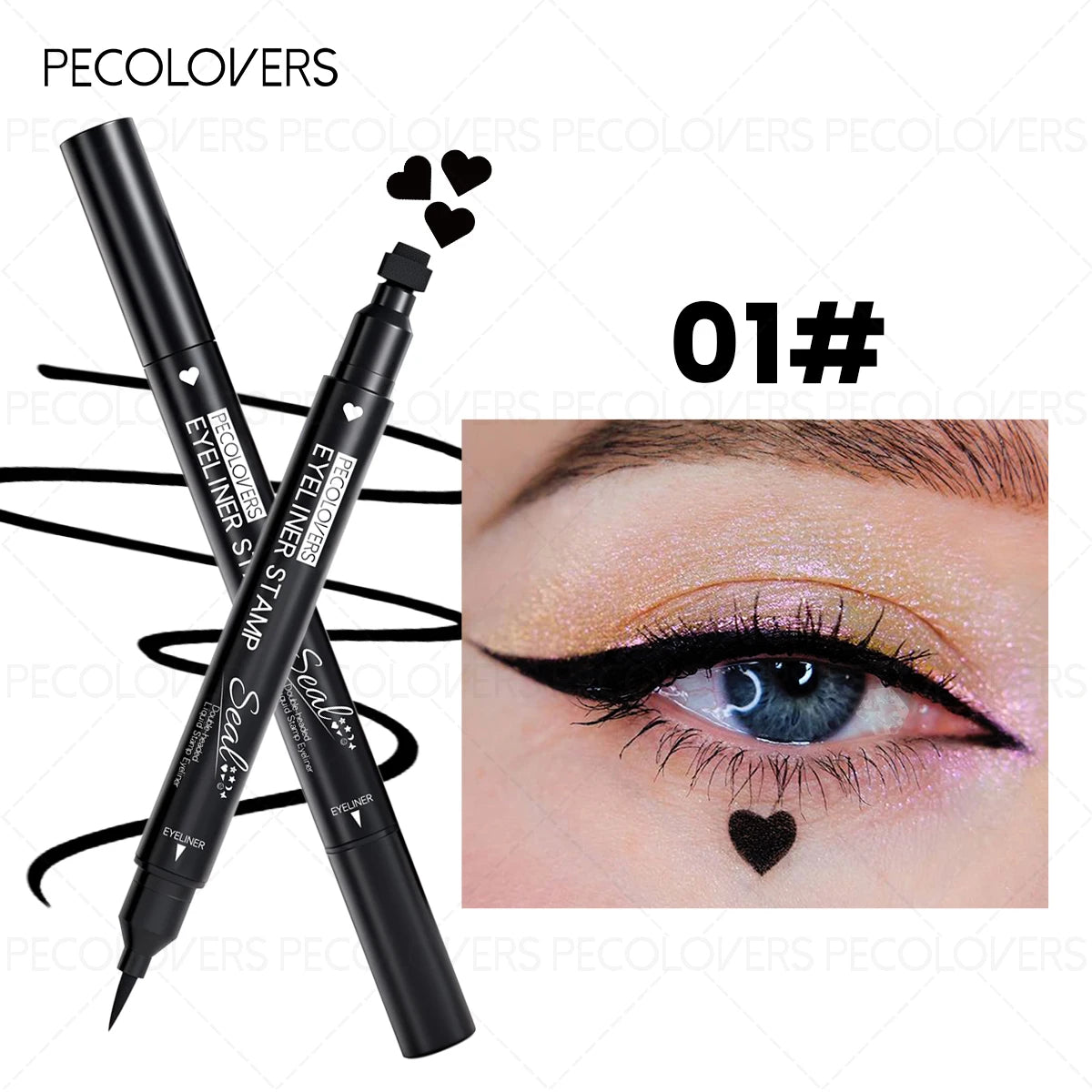 Dual-ended 2-in-1 Eyeliner Stamp, Smooth Black Liquid Eyeliner Pen, Cat Eye Smiley Moon Heart Stamp One-Swipe, Whimsical Makeup Qme 01