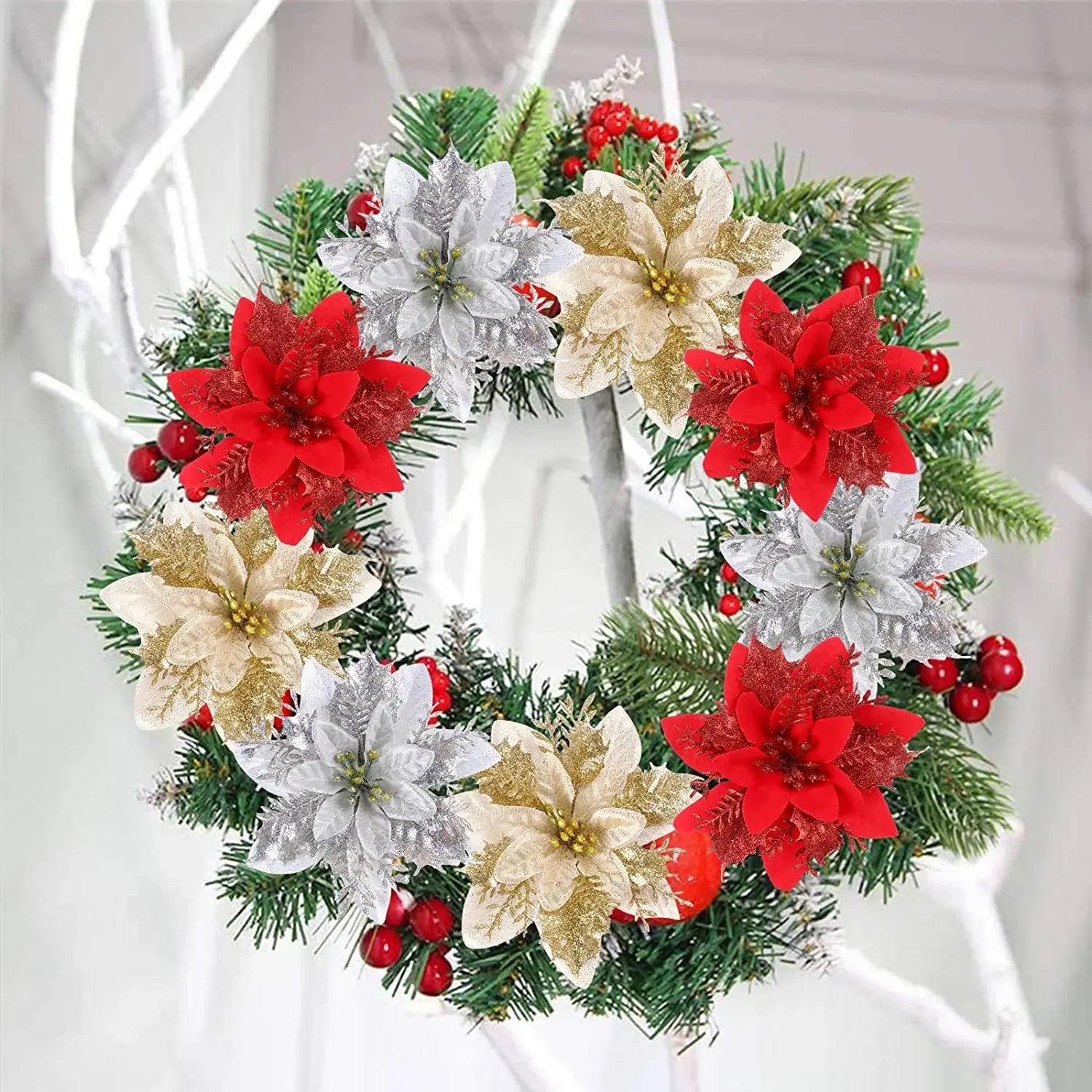 5PCS Glitter Poinsettia Artificial Xmas Flowers Ornaments for Christmas Tree Decorations Fake Flowers Head Christmas Decoration Qme