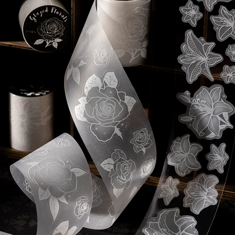White Ink Floral Tracing Paper Washi Tape & Stickers for Journal Scene Making, Decorative Supplies for Phone Cases, Water Bottle Qme