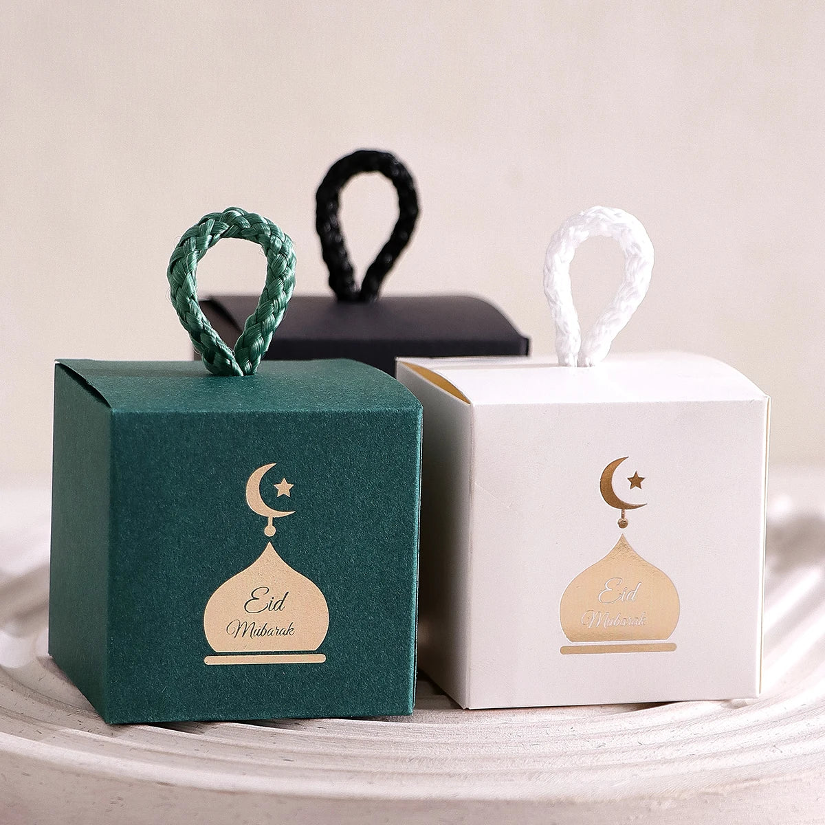 Set of 5 Elegant Mini Eid Al-Adha Gift Boxes with Gold Design and Twist Handles Perfect for Storing Candies, Chocolates and Sma Qme