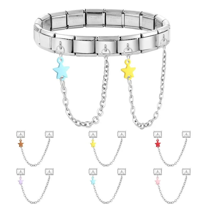 Wholesale Fashion Colour Stars Tassel Chain Module Italian Charm Bracelet Fit 9mm Hand Chain Stainless Steel DIY Jewelry Making Qme