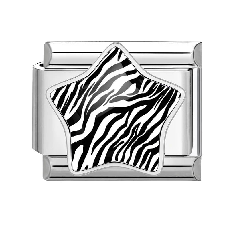 3D Inlay Stars Cute Zebra Stripe Stars Pink Blue Leopard Print Italian Charm Links Fit 9mm Stainless Steel Bracelet DIY Making Qme Style 18
