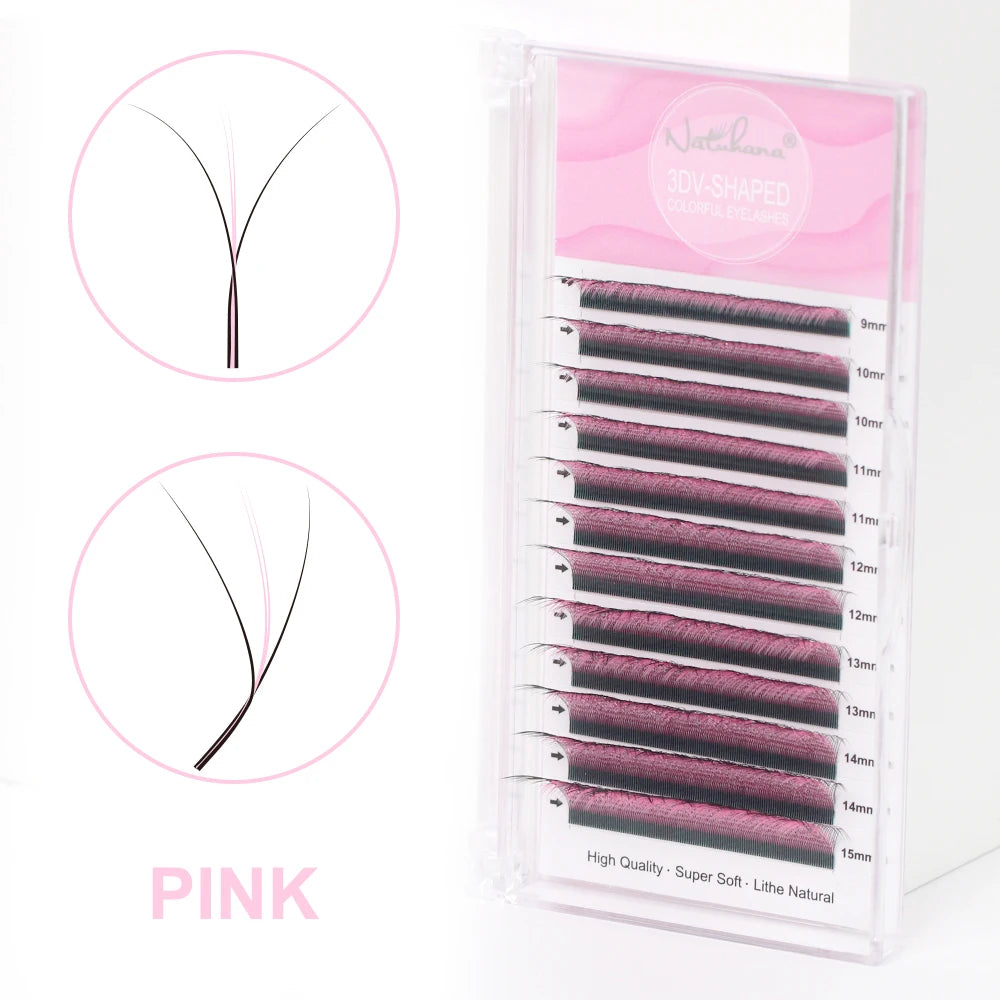 NATUHANA Colorful 3D W-shape Lashes Premade Volume Fan Lash Qme Pink D 0.07mm|Mix9-15mm