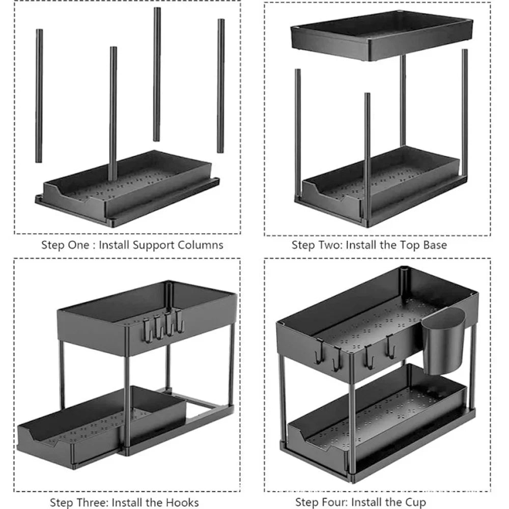Kitchen 2 Tier with Hooks Hanging Cup Home Bathroom Organizer Under Sink Organizer Sliding Cabinet Basket Organizer Storage Rack Qme