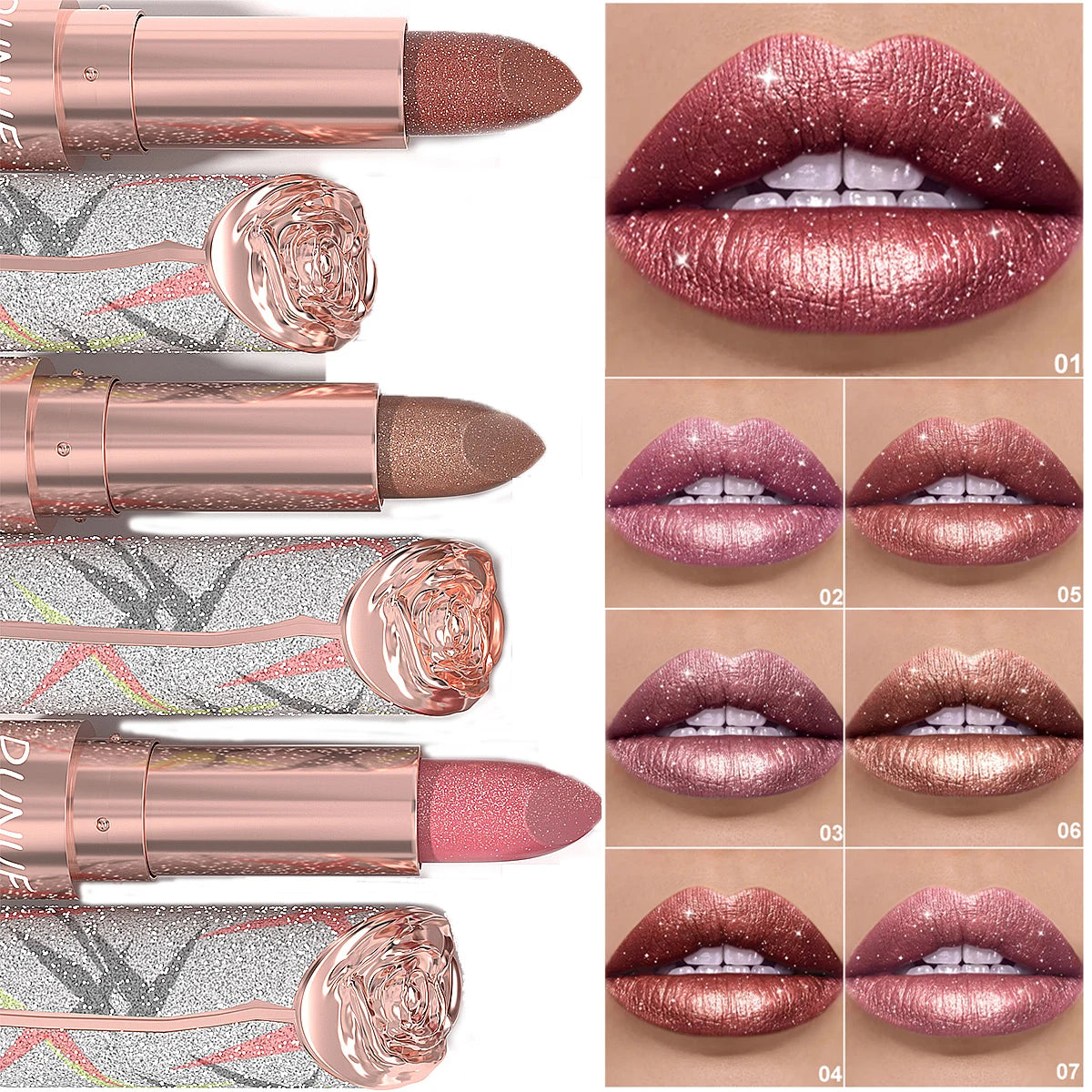 Rose Floral Diamond Lipstick Pearlescent Shimmer 3D Metallic Matte Smooth Creamy Sparkling Lipstick For Daily Party Makeup Qme