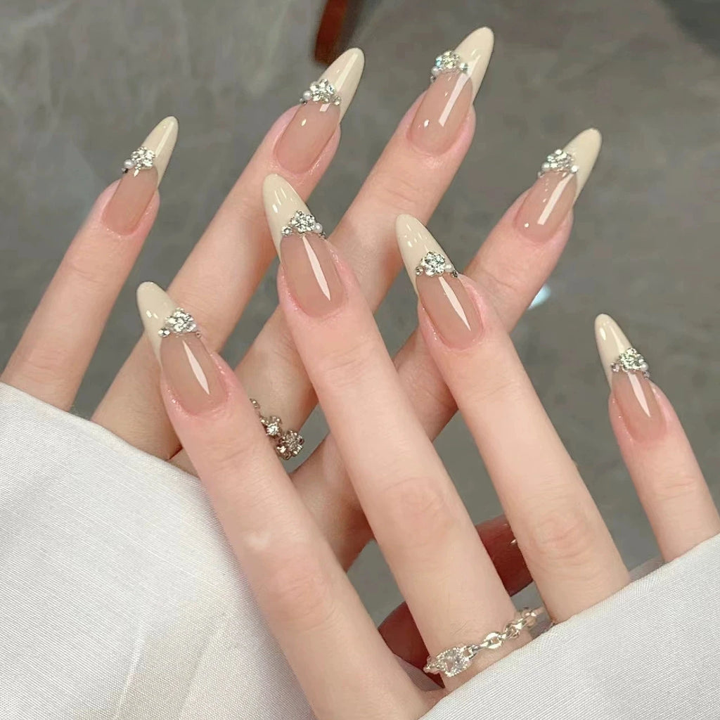 Brazil Pink Ballet Fake Nails Full Cover Nail Tips Long Ballet False Nails with Rhinestone Chain Design Wearable Press on Nails Qme
