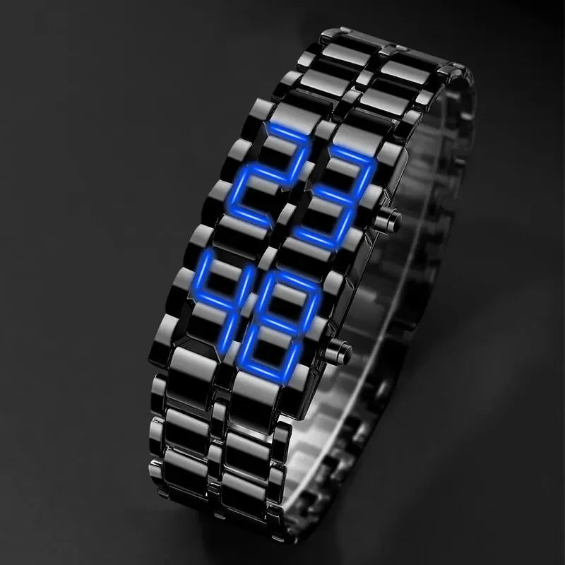 Relógio de pulso digital Lava masculino, metal completo preto, display LED azul, relógios masculinos, presentes para homem, Qme
