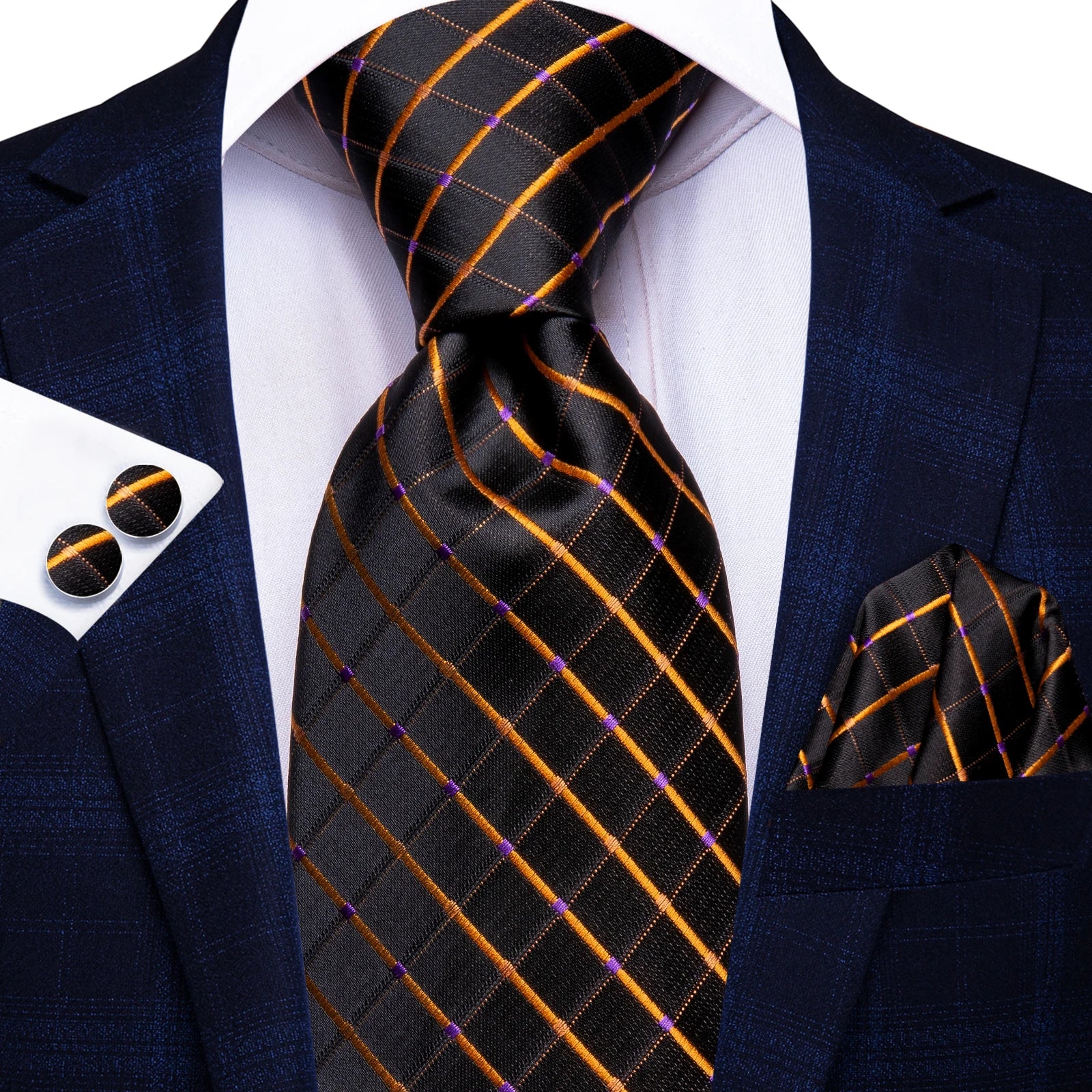 Hi-Tie Fashion 8.5cm Blue Plaid Dots Men's Elegant Tie Handkerchief Cufflinks Set Wedding Party Accessories Gift for Men Gravats Qme HT-N-3992