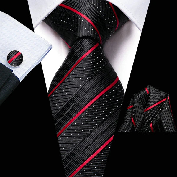 Extra Long Tie Set for Men, 3-Piece Wedding Accessories with Cufflinks & Pocket Handkerchief, Striped/Floral Design Qme DPTH-LDSN4008