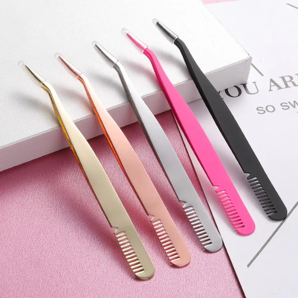 Eyelash Tweezers Steel Eyelash Extension Tweezer with Comb False Lash Application Tool for Girls Women Beginner Makeup Qme