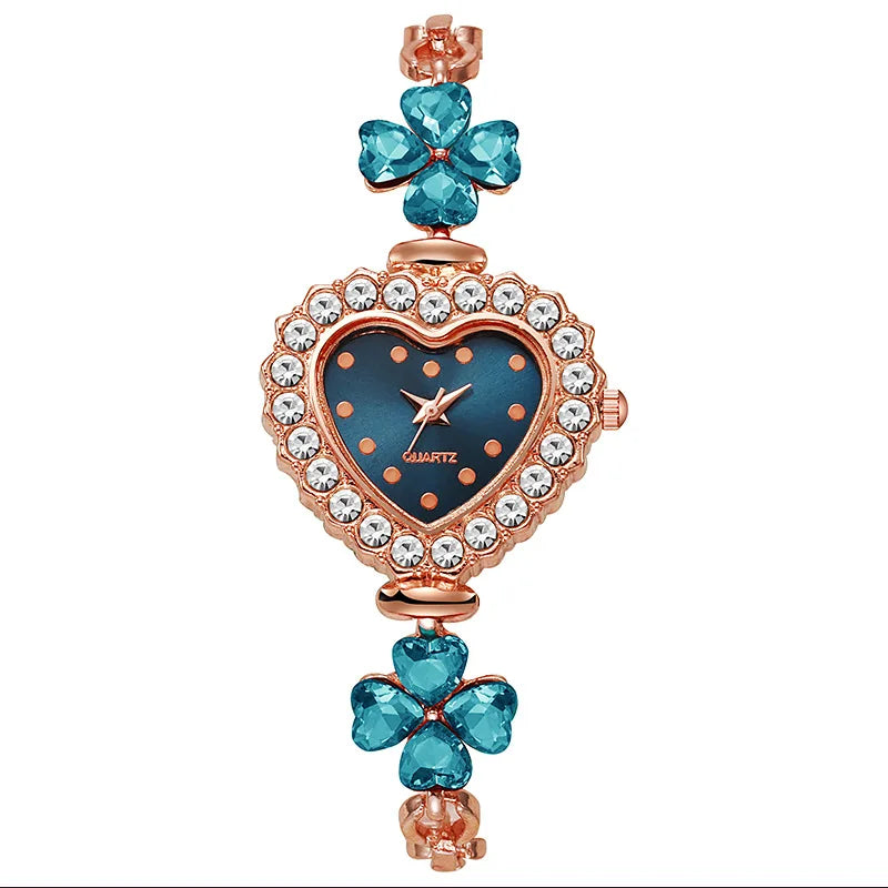 Requintado relógio de pulso feminino em forma de coração, pulseira quartzo sem caixa, moda Qme Blue