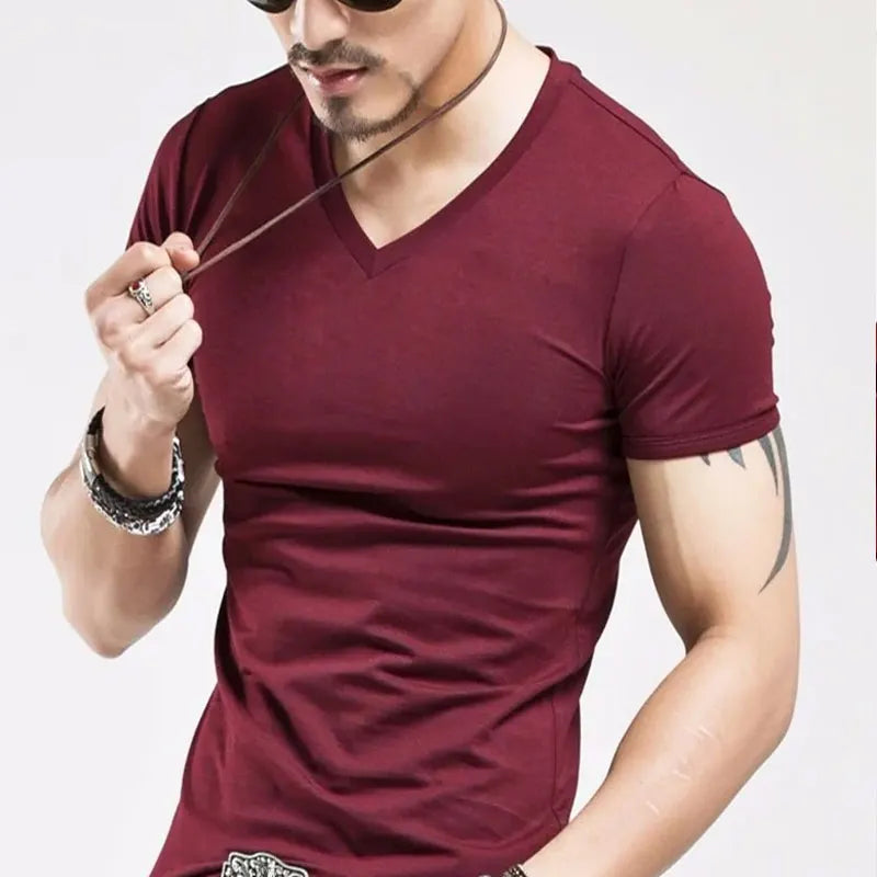 Plain Cotton Gym T-shirt Men Summer Fitness Clothing V-Neck Short Sleeve T Shirt Summer Comfortable Breathable Versatile Top Qme