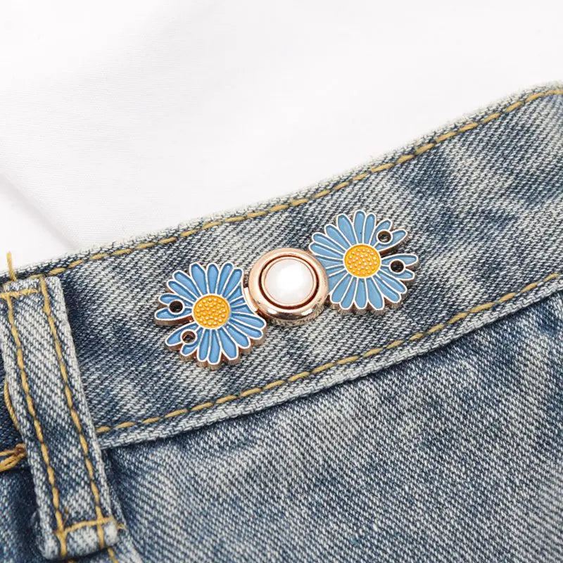 Reusable Metal Flower Buttons Pearl Snap Fastener Pants Pin Retractable Sewing-on Buckles for Jeans Fit Reduce Waist Accessories Qme A6 1PCS