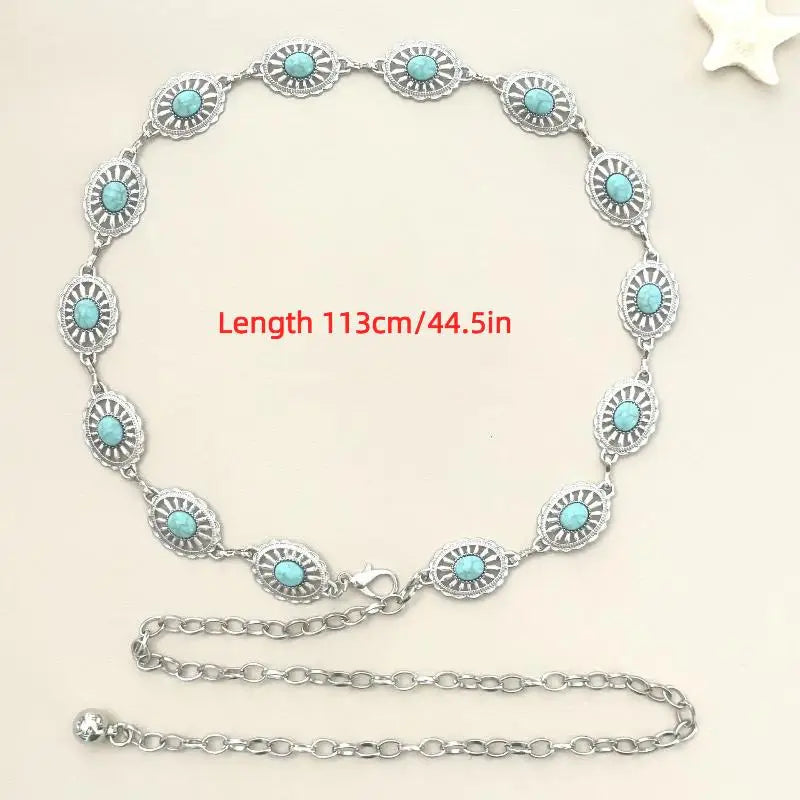 Fashion Bohemian Female Circular Waist Chain Luxury Turquoise Ellipse Chain Belt For Women Suitable For Skirts Dress Qme