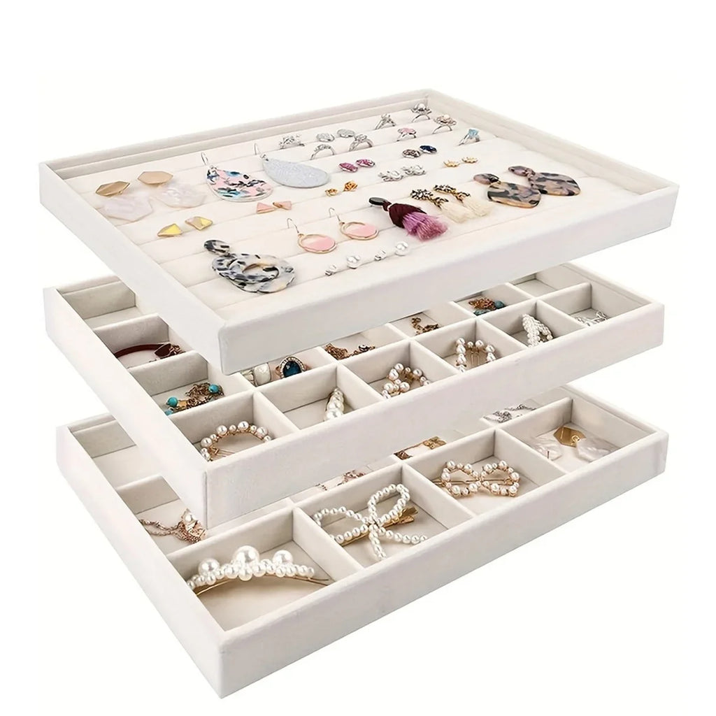 Stackable Velvet Jewelry Organizer Box - Distressed White, Rectangular Desktop Display Case for Rings, Earrings, Qme