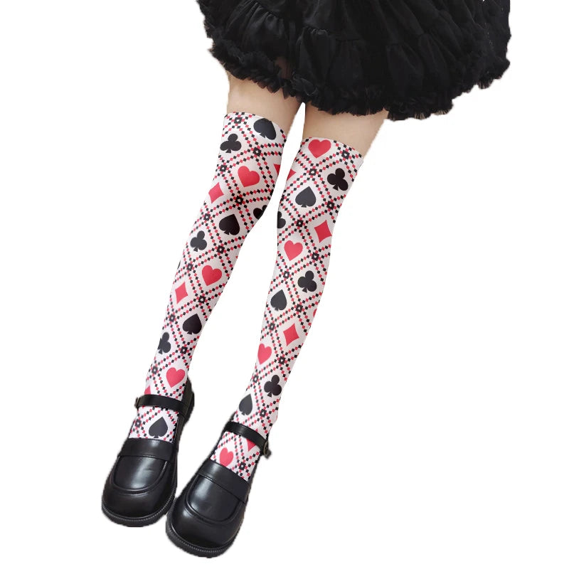 Fashionable Poker Pattern Thigh Stockings Ladies Sexy Love Plaid Qme style1 One Size