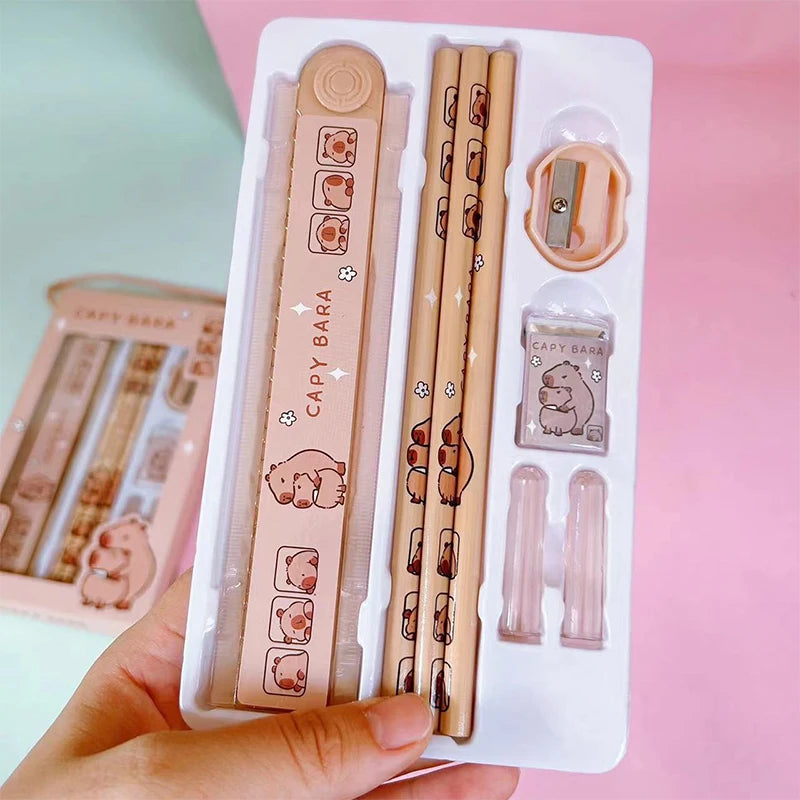 Kids 1 Capybara Cartoon Animals Pencil Ruler Eraser Sharpener Qme
