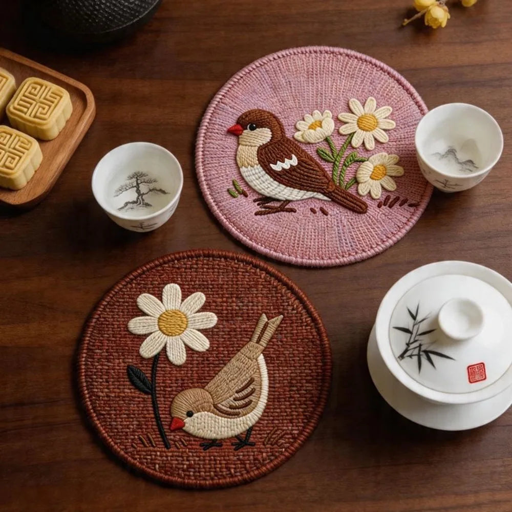 Round Faux Woven Print Heat Resistant Nonslip Placemat Coaster Qme