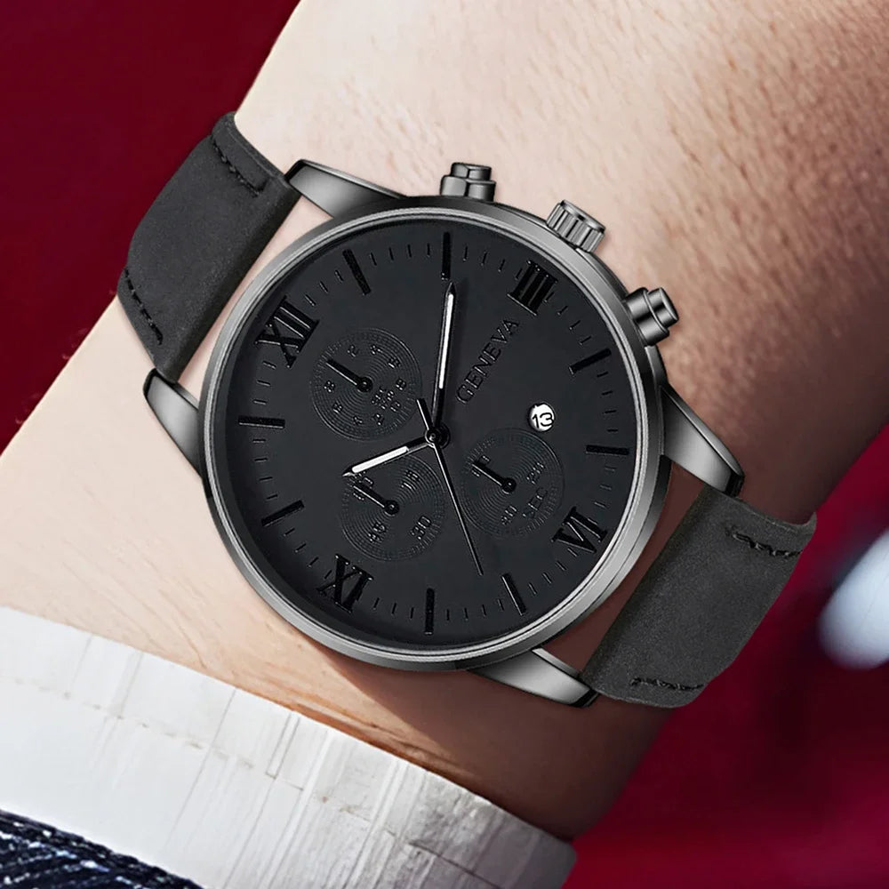 3PCS Black Men's Watch Set Business Trend Quartz Watch Bracelet Necklace Set Suitable for Daily Clothing Matching Perfect Gift Qme
