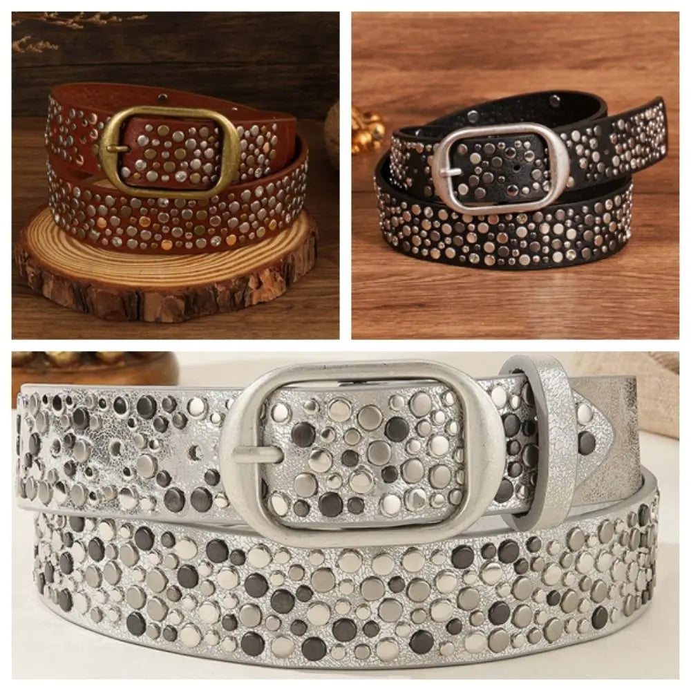 Randomly Placed Gothic Waiststrap Multi-Toned Aged Bronze Rivet Leather Belt Scratch Resistant Matt Finish Qme