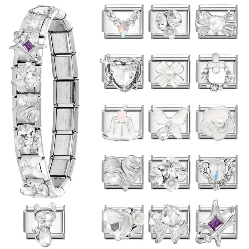 2026 Original Luxury Zircon Purple Stars Love Heart Garland Italian Charm Links Fit 9mm Bracelet Stainless Steel Jewelry Making Qme