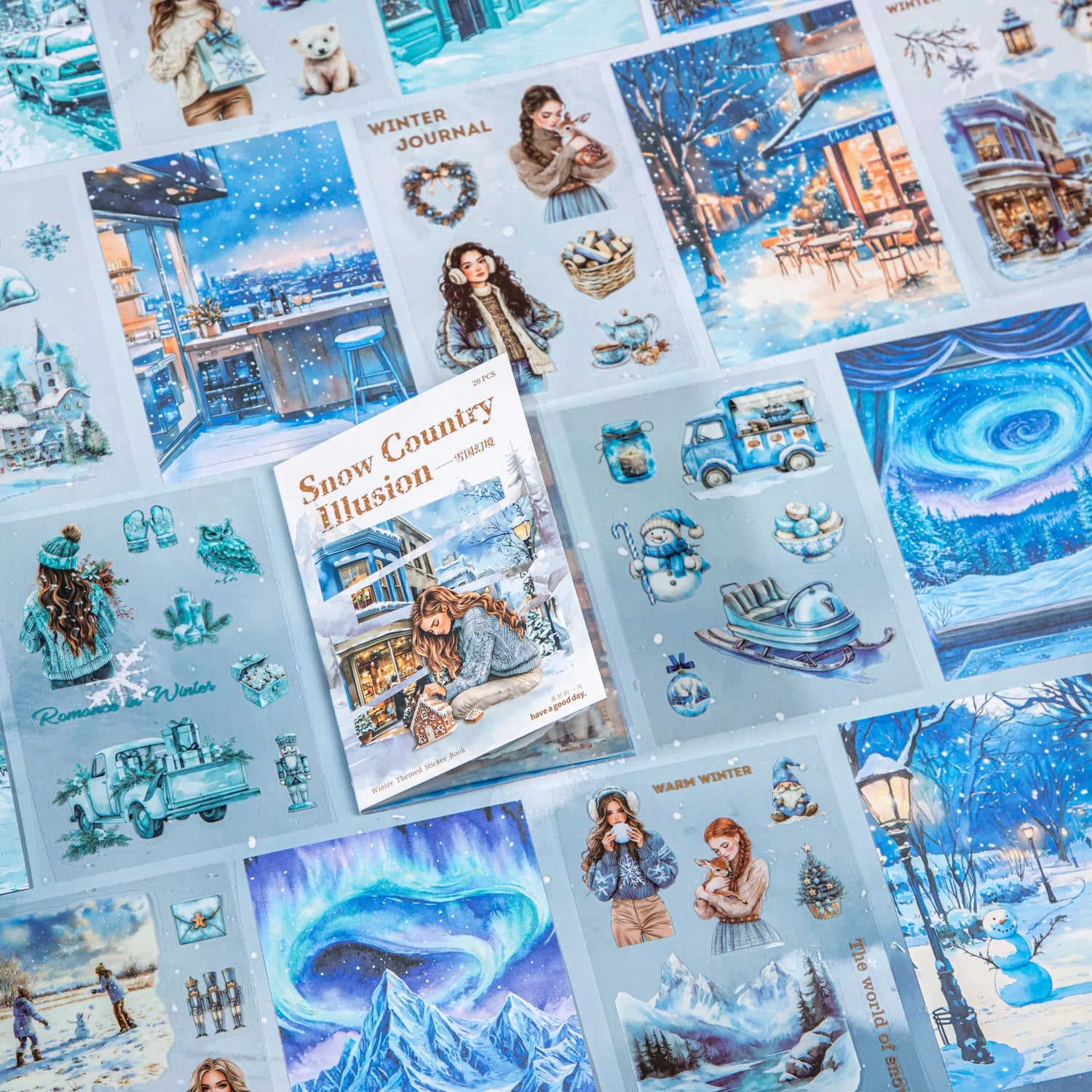 20 Sheets Winter Snowy Fairyland Theme Sticker Book for DIY Scrapbooking Collage Guitar Phone Case Notebook Decoration Qme