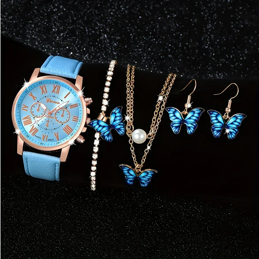 Fashion 5pcs women's quartz watch set, paired with blue butterfly jewelry - round zinc alloy case, PU leather strap Qme