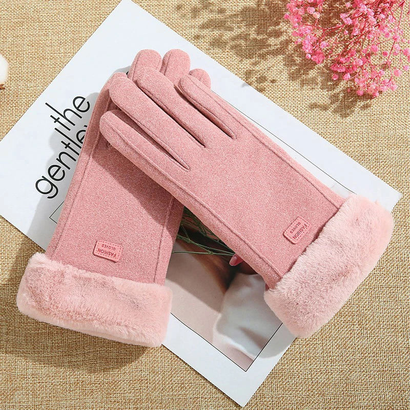 Autumn Winter Warm Suede Gloves Velvet Thickened Plush Decor Cuff Qme pink