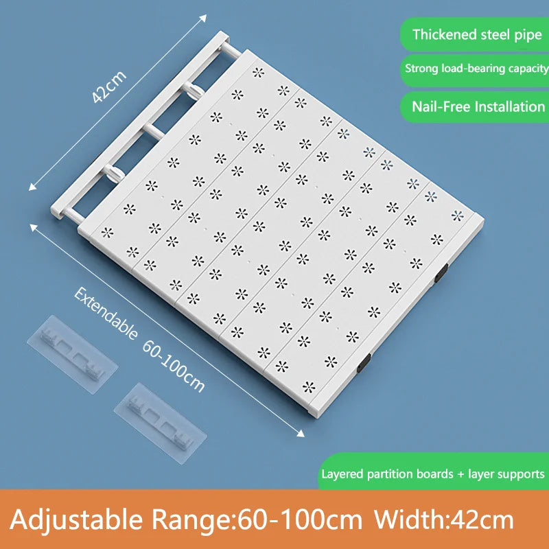 No-Drill Expandable Shelf Dividers Adjustable Wardrobe Cabinet Organizers Kitchen/Bathroom Storage Rack Dorm Space-Saving Qme 60-100cm 42cm