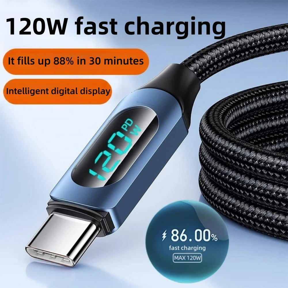 PD 120W Fast Charging Data Cable LED Digital Display USB C Nylon Braided Mobile Phone Charger Cord For iPhone 17 Samsung Xiaomi Qme