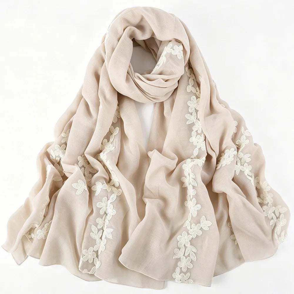 Floral Pattern Embroidered Hijab Breathable Lightweight Thin Fabric Shawl Soft Edged Gentle Ethnic Long Foulard Casual Stole Qme Beige