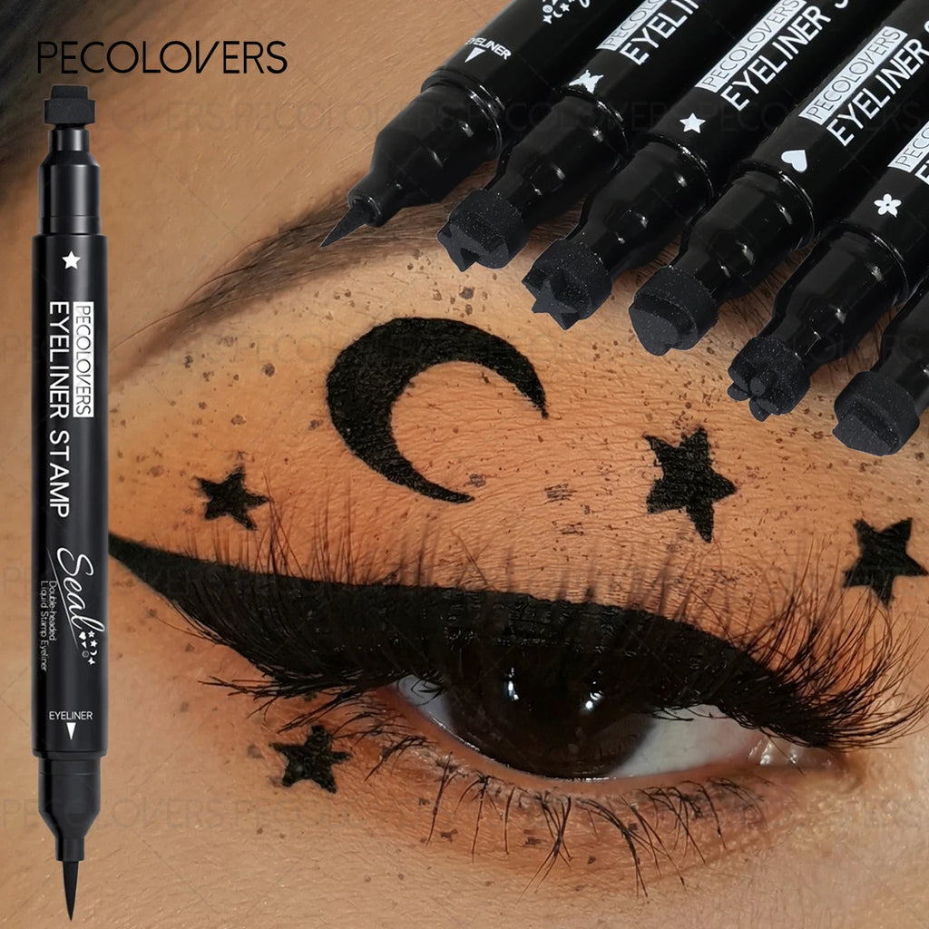 Dual-ended 2-in-1 Eyeliner Stamp, Smooth Black Liquid Eyeliner Pen, Cat Eye Smiley Moon Heart Stamp One-Swipe, Whimsical Makeup Qme