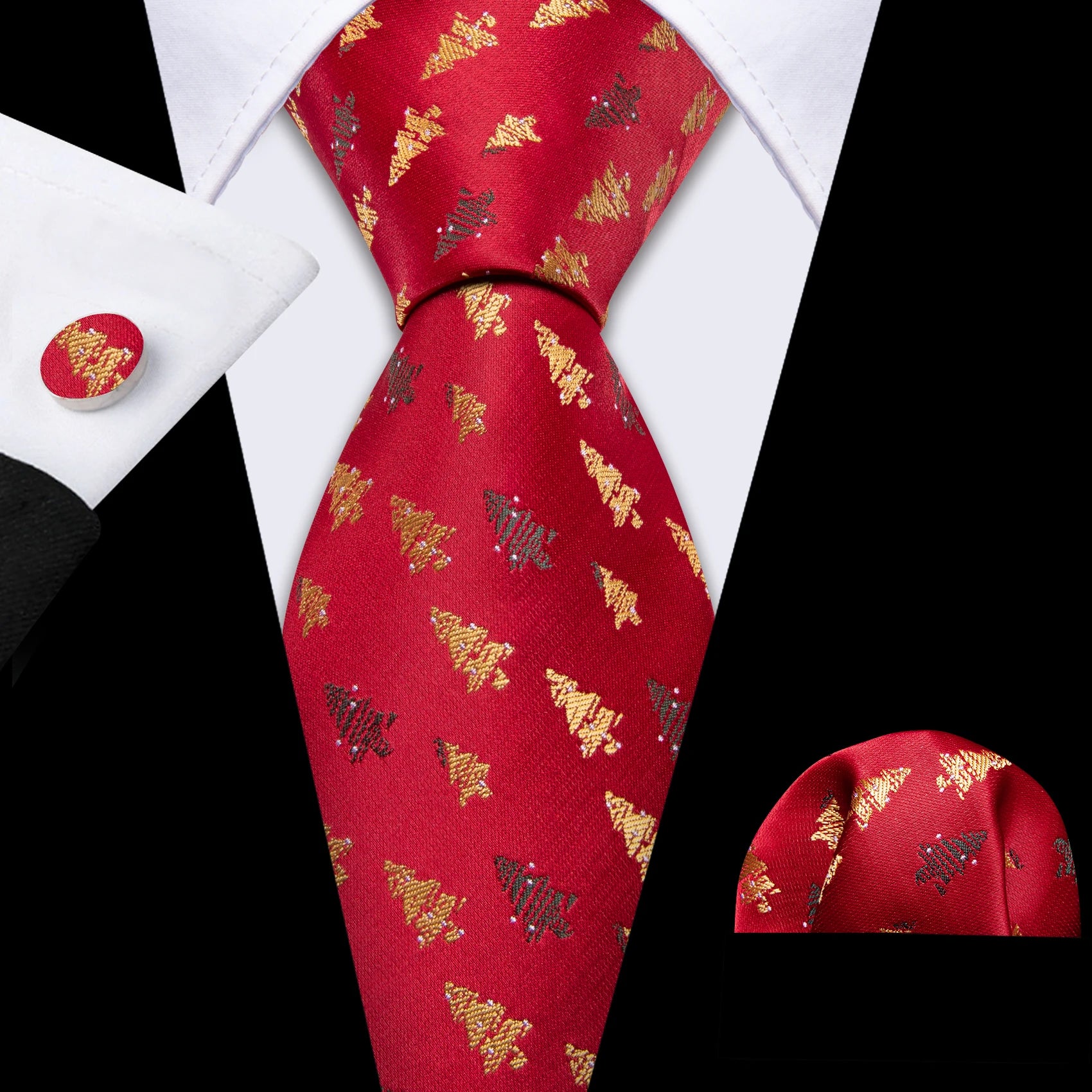 Christmas Red Tie Set 3 Pieces Men Necktie Pocket Square Cufflinks Xmas Wedding Party Suit Accessories Gifts for silk Boyfriend Qme LDSN6572